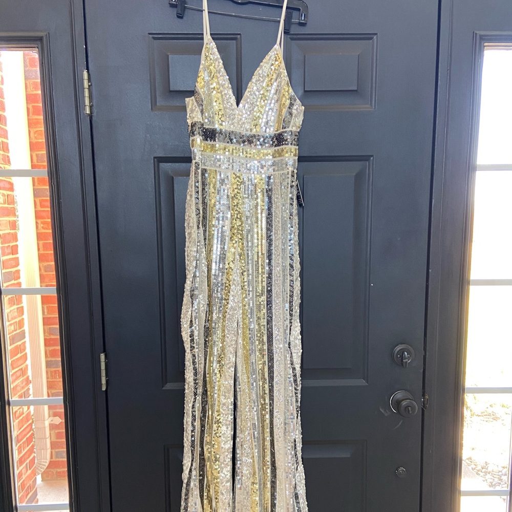 Express wide leg, spaghetti strap sequin striped jumpsuit